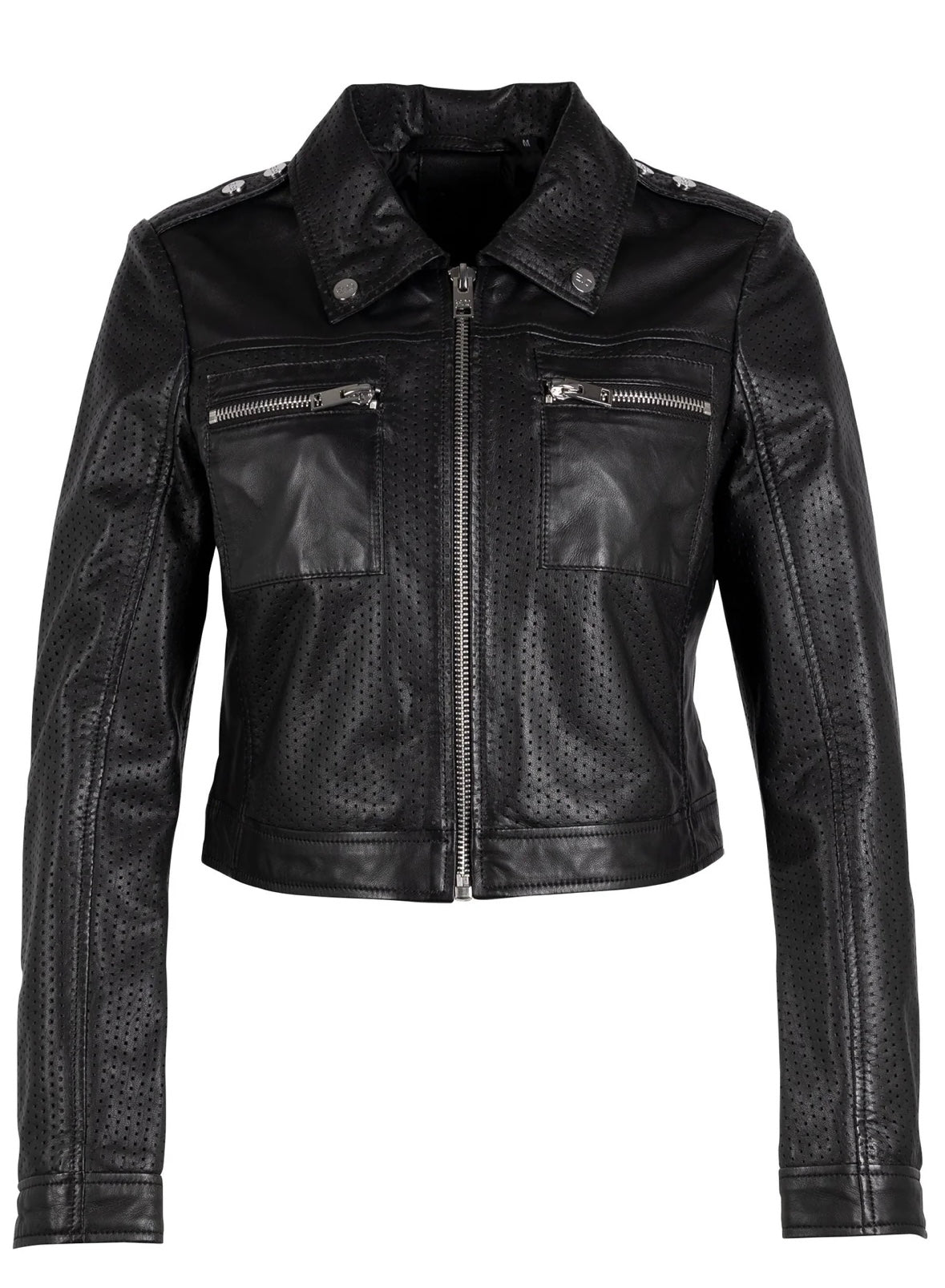 Shala Perforated Black Leather Jacket