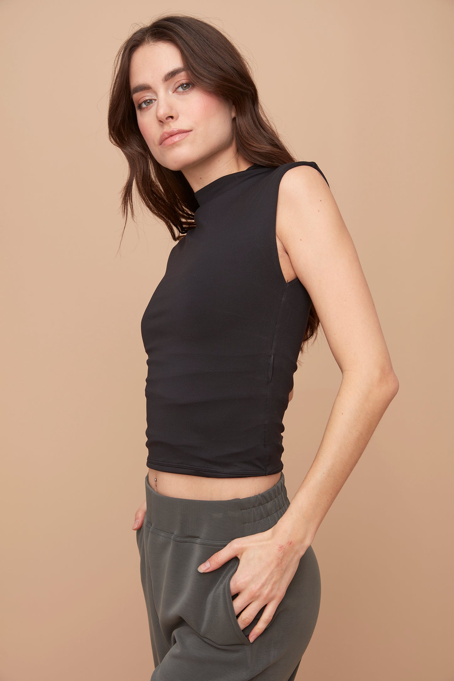 Mock Neck with Ruched Sides - Black