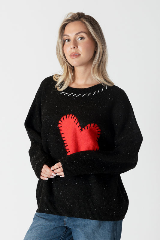 Round-neck Sweater with Heart Patchwork - Black