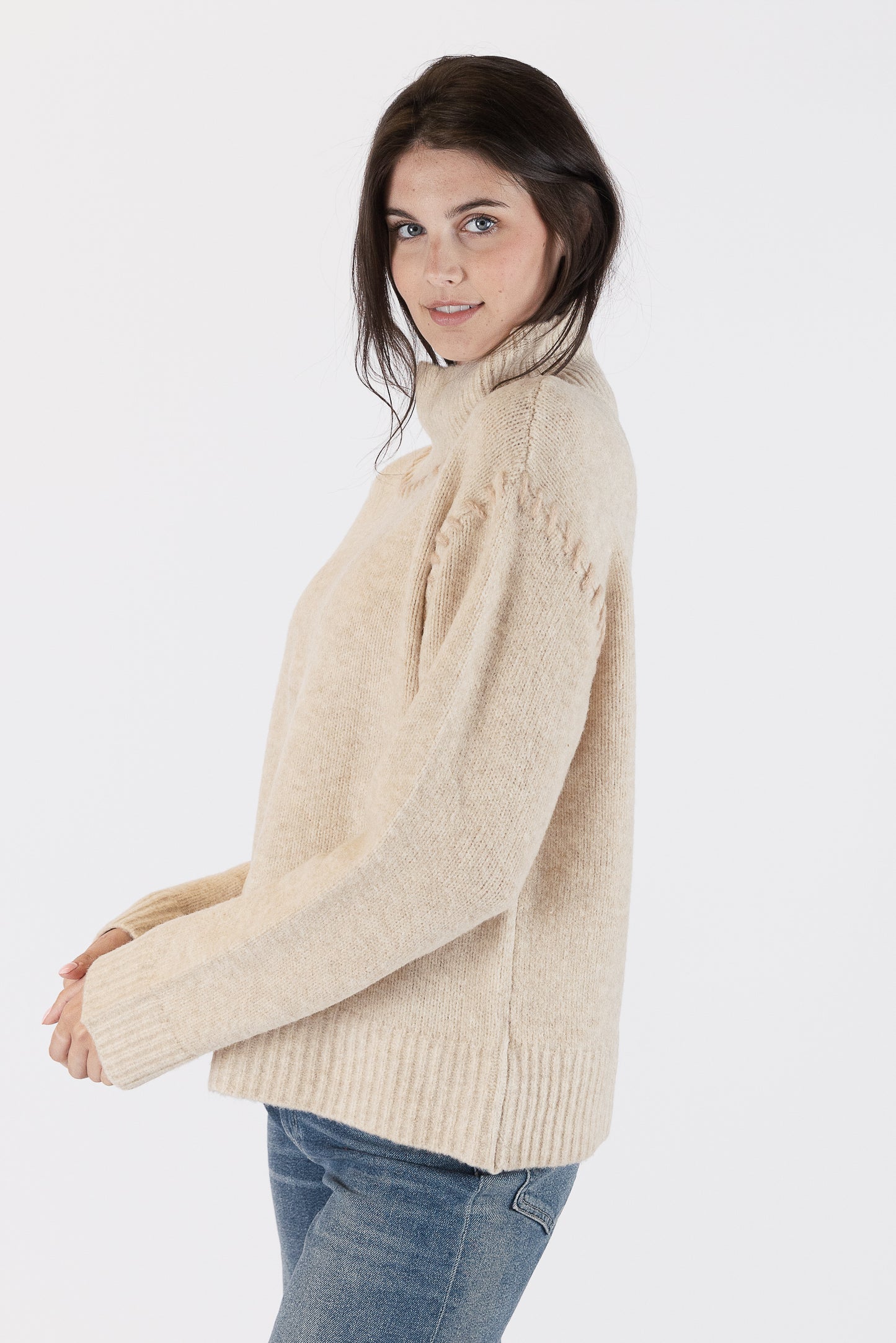 Raegan - Oat Turtleneck with Large Stitching