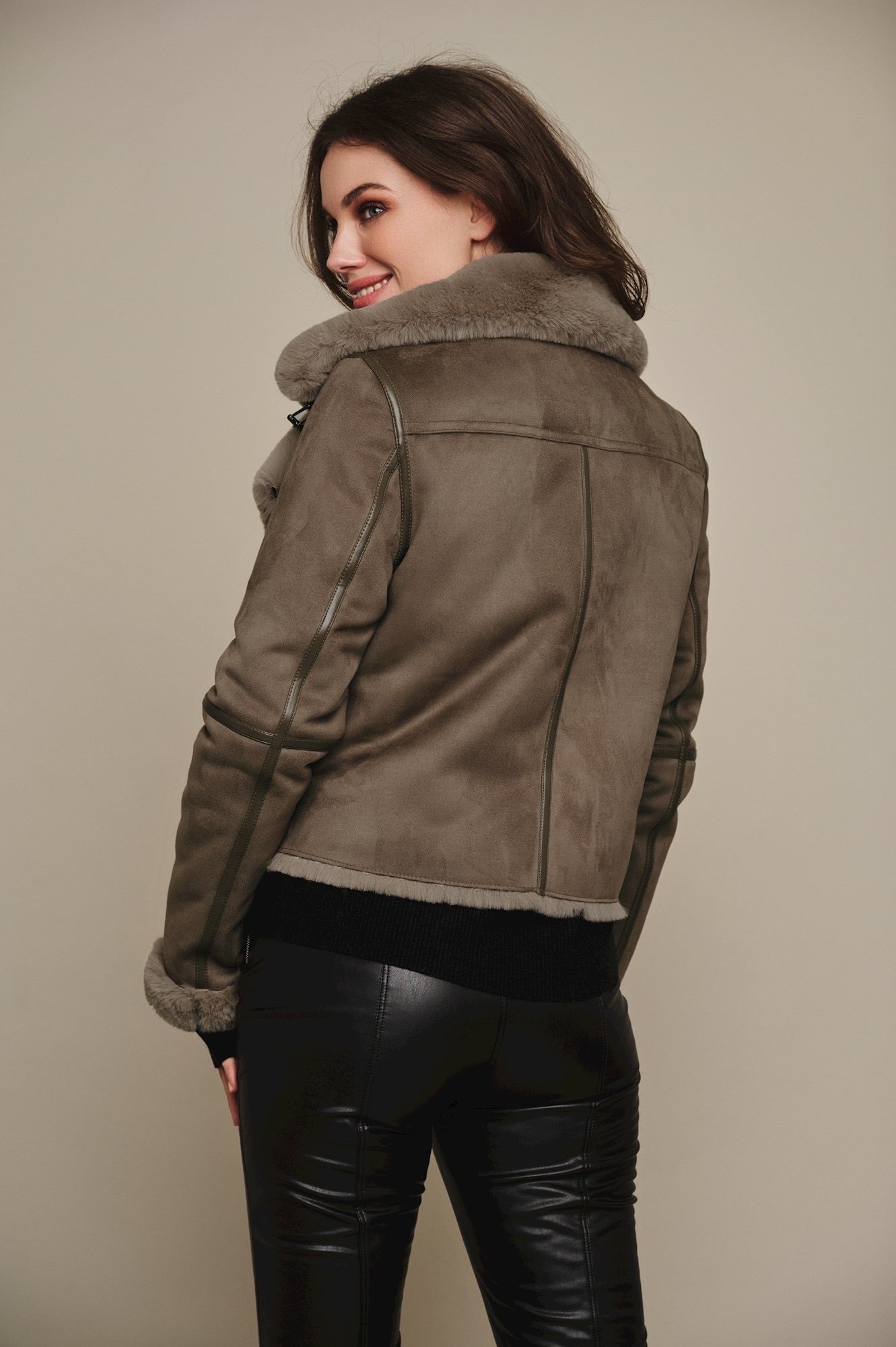 Biker Jacket with Faux Fur - Taupe