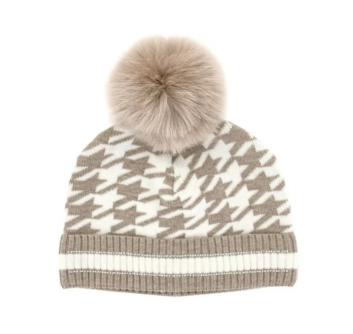 Houndstooth Beanie with Crystal and Fox Pom - Camel