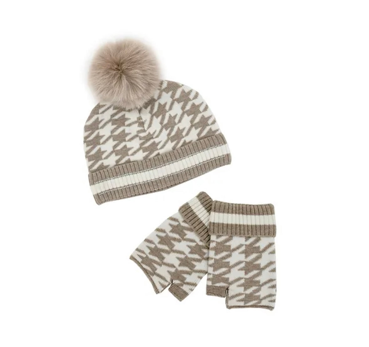 Houndstooth Beanie with Crystal and Fox Pom - Camel