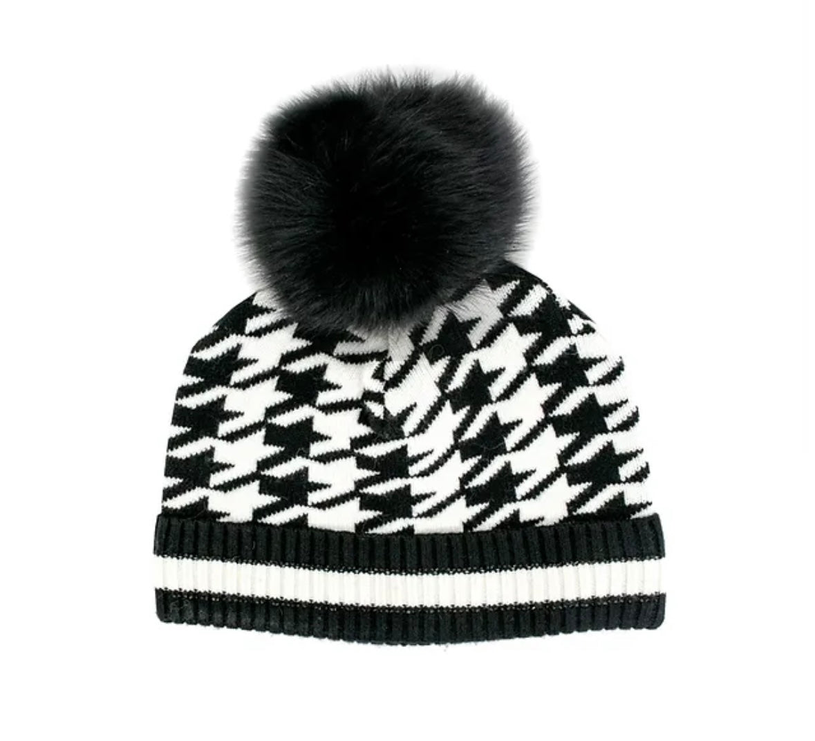 Houndstooth Beanie with Crystals and Fox Pom - Black