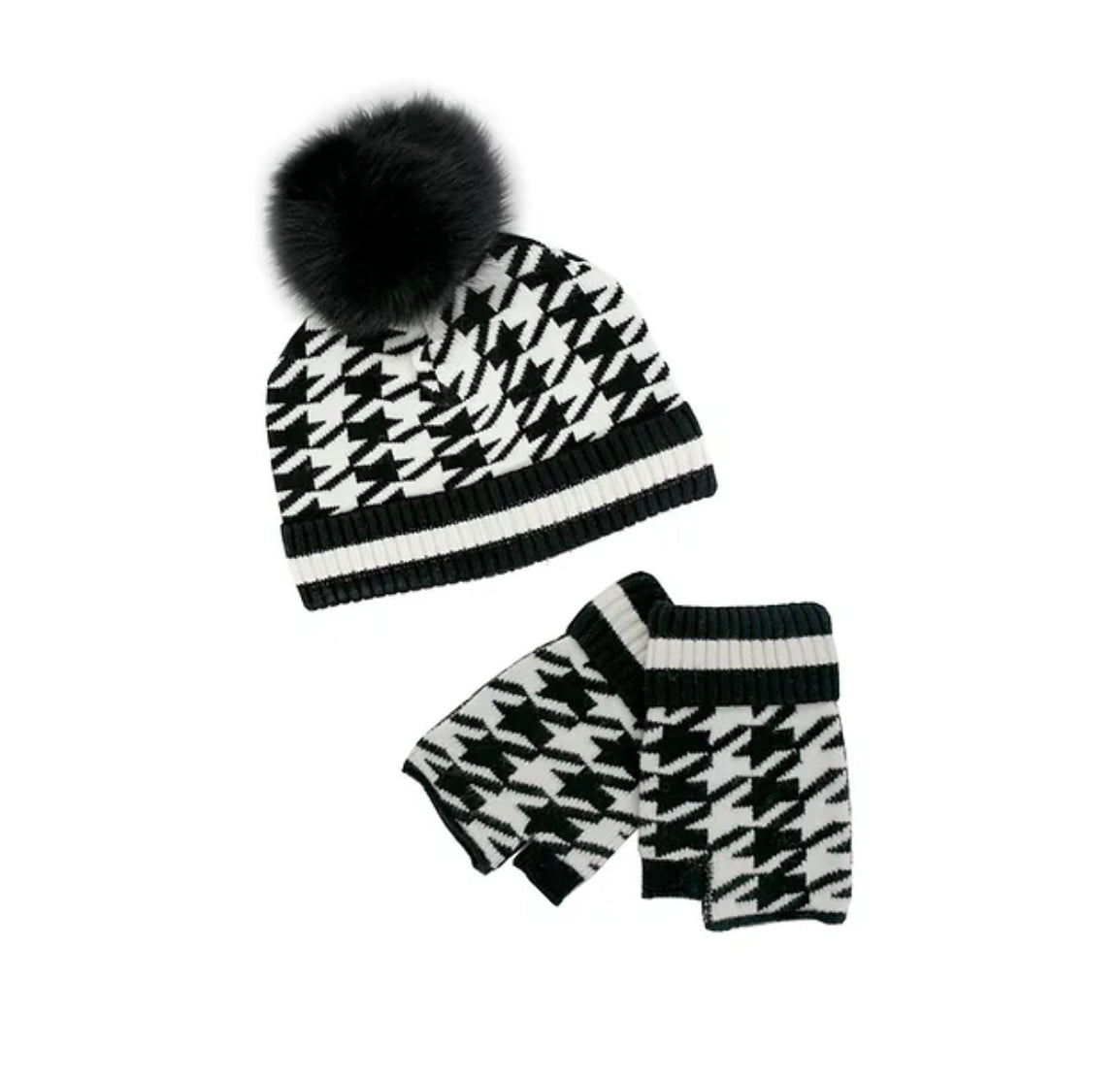 Houndstooth Beanie with Crystals and Fox Pom - Black