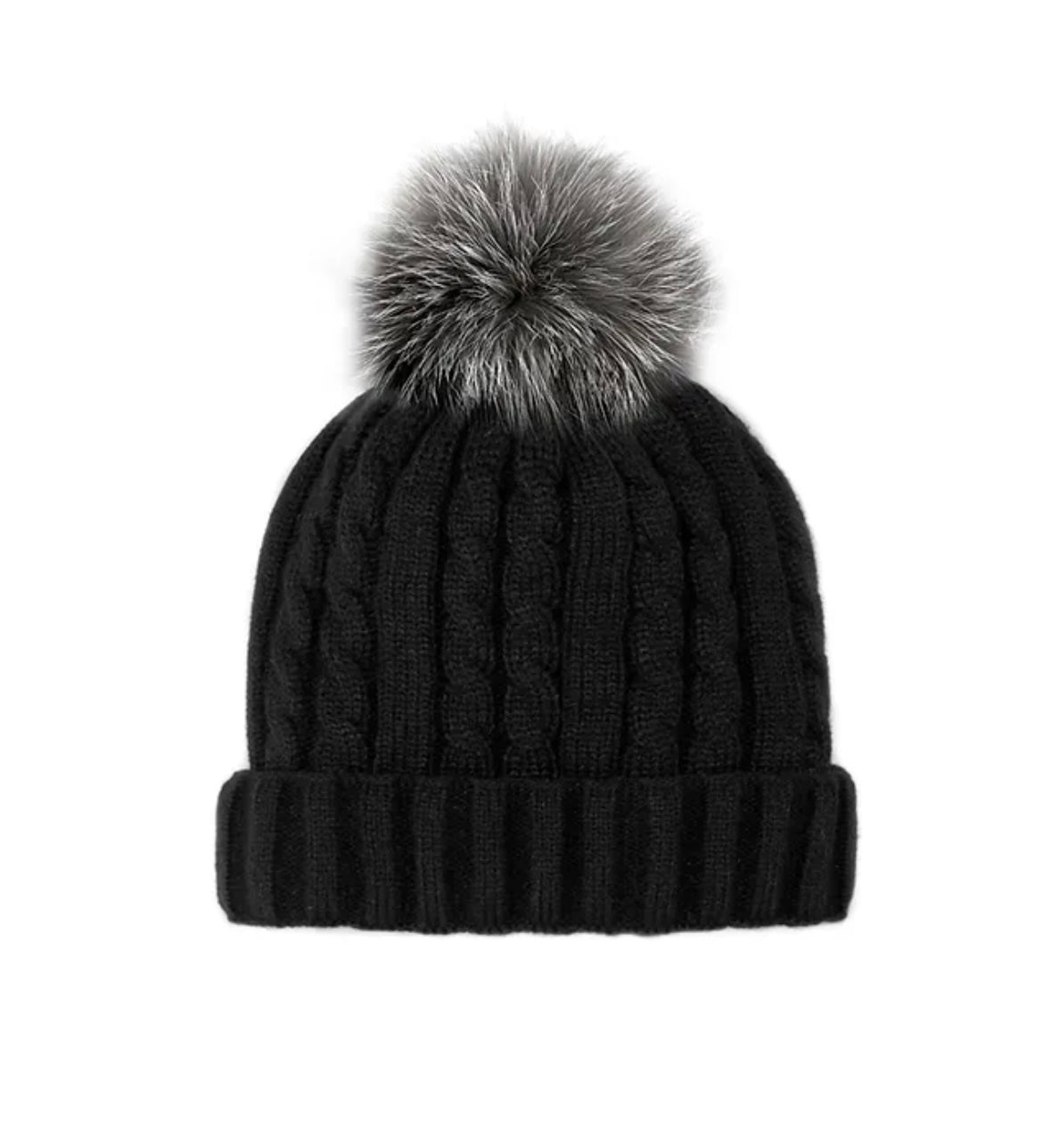 Cable Knit Beanie with Fox Pom - Grey on Black