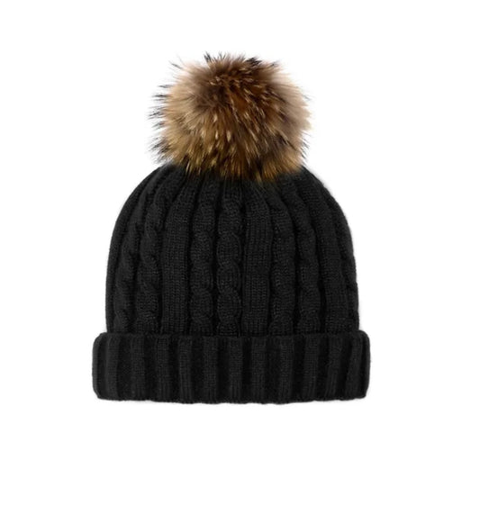 Cable Knit Beanie with Raccoon Pom - Raccoon on Black