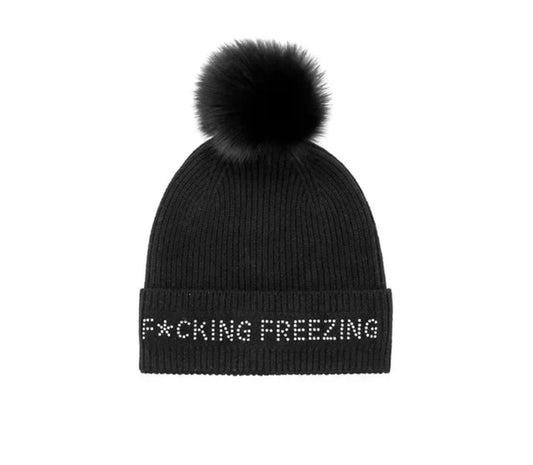 F*cking Freezing Knitted Hat with Fox Pom - Black