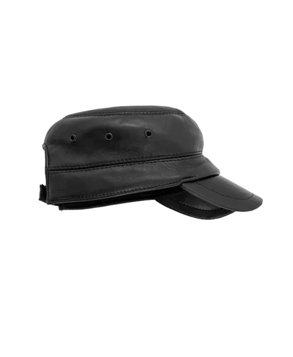 Leather Adjustable Army Hat - Black