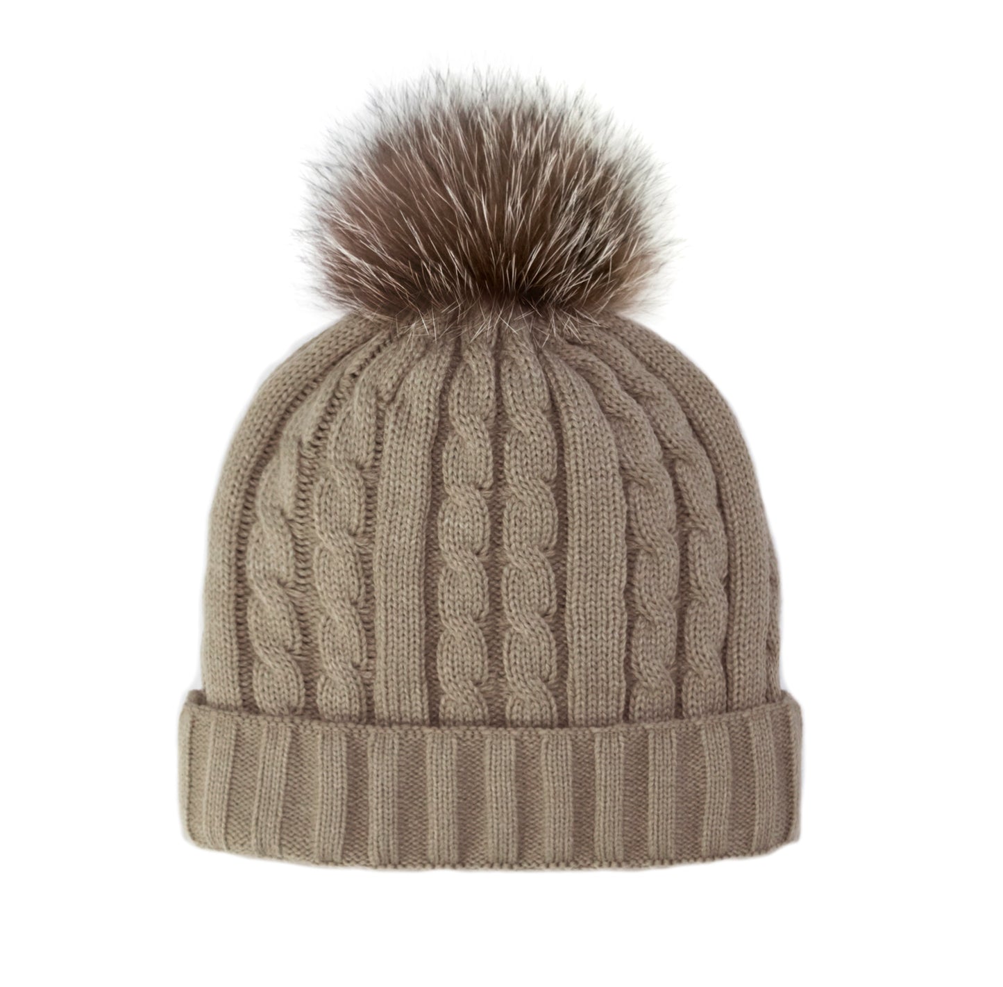 Cable Knit Beanie with Fox Pom - Brown on Taupe