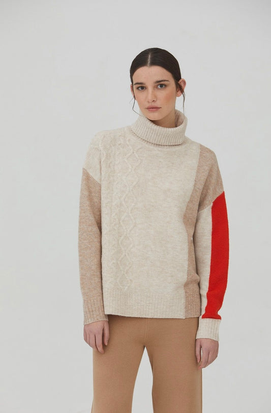 Color Block Turtleneck - Cream/Red