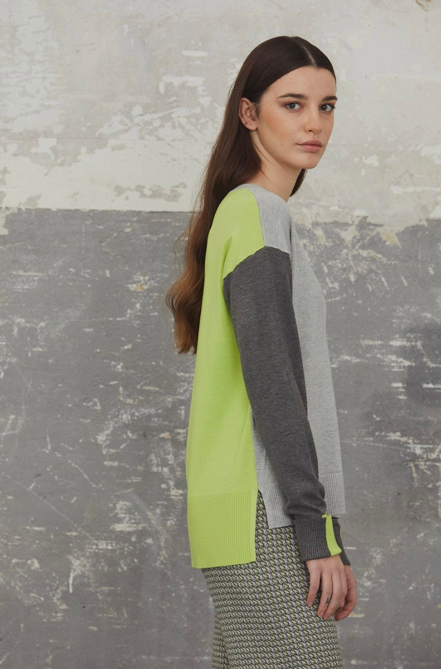 V Neck Grey Sweater with Neon Colour Block