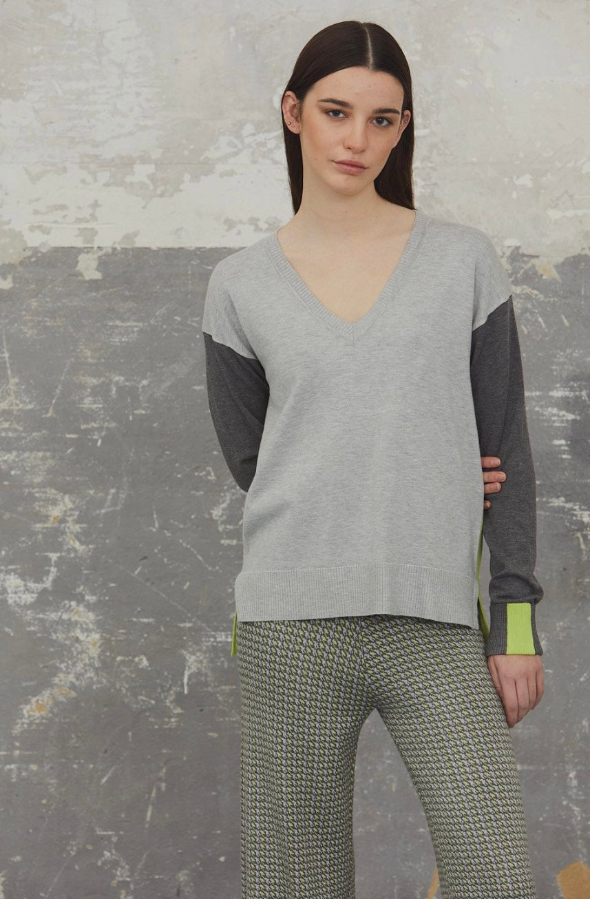 V Neck Grey Sweater with Neon Colour Block