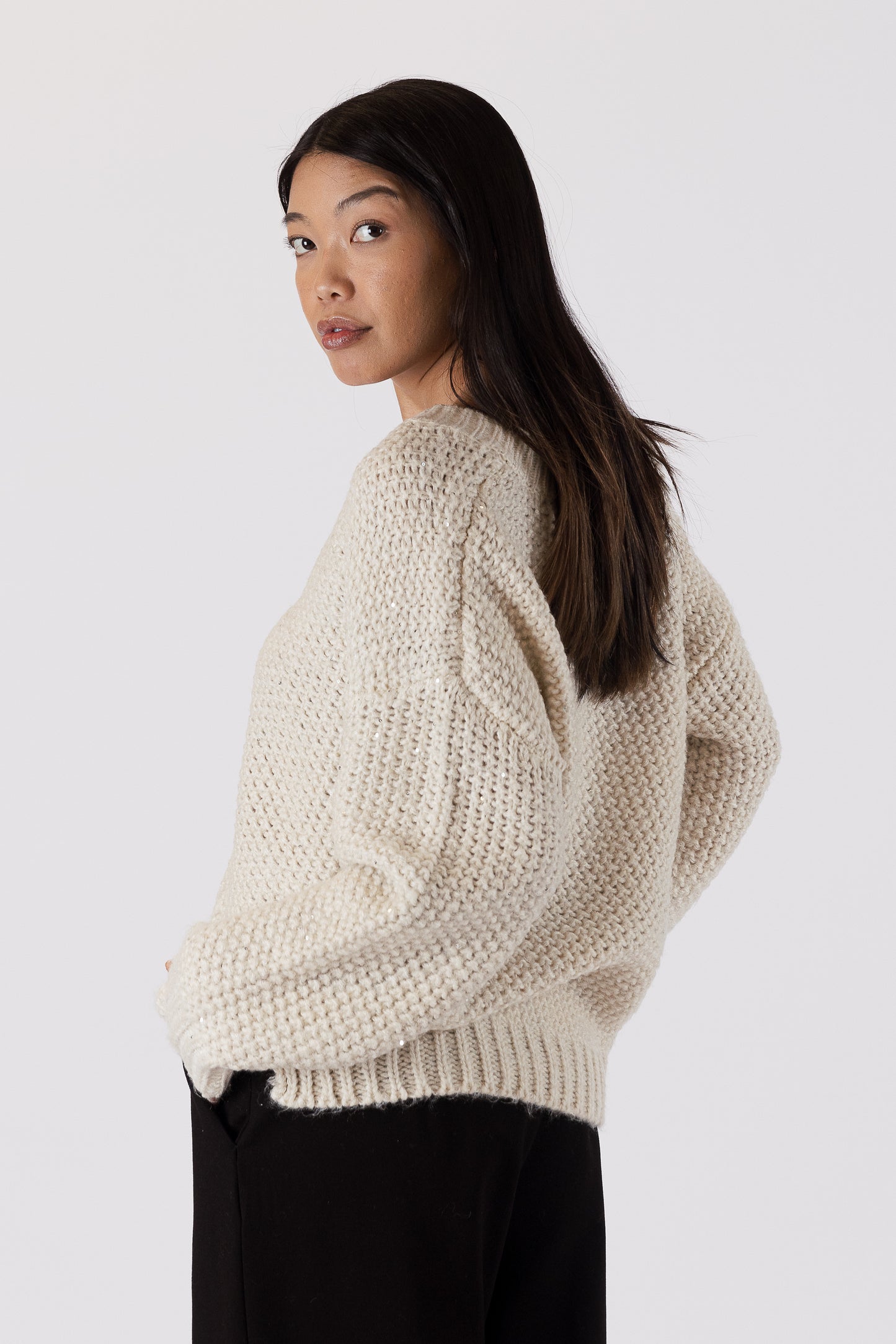 Yule - Beige V Neck Sparkle Sweater