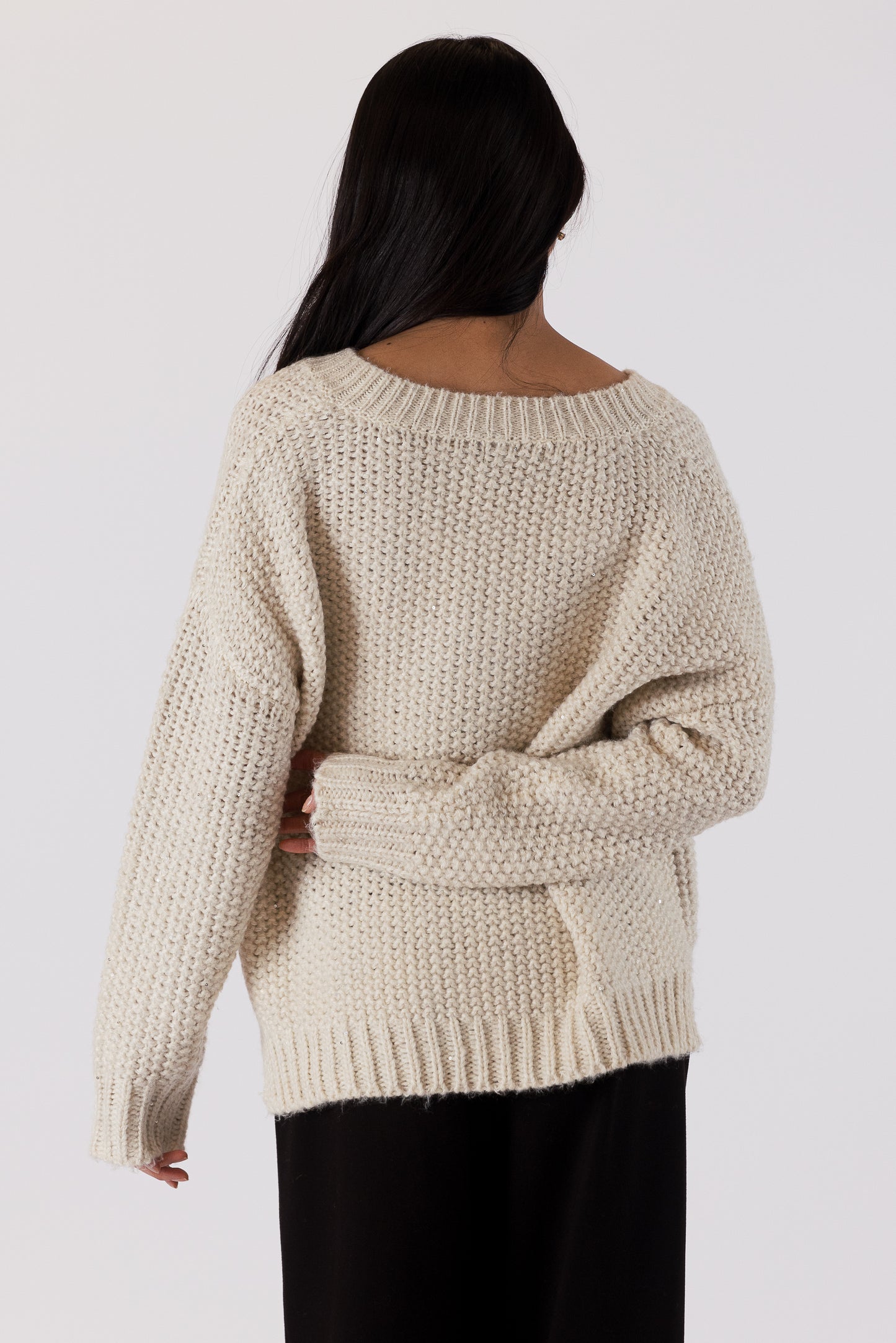 Yule - Beige V Neck Sparkle Sweater