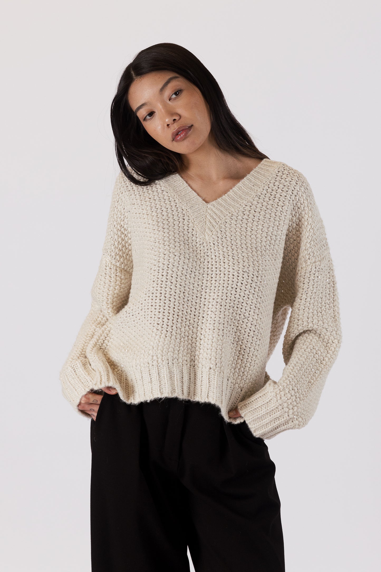 Yule - Beige V Neck Sparkle Sweater