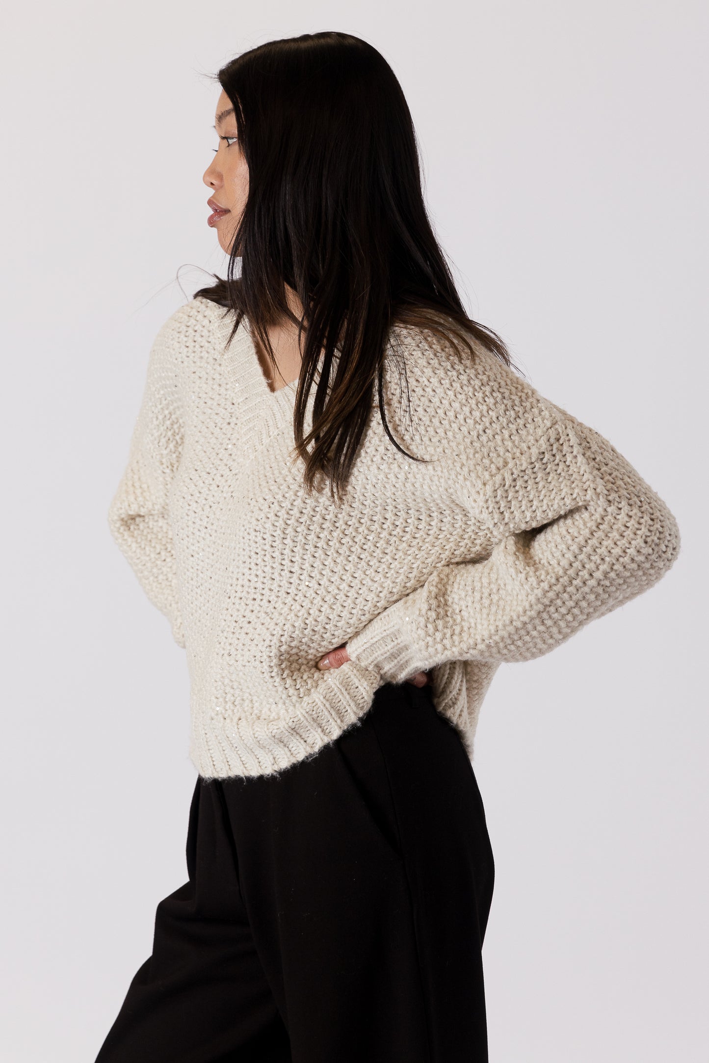 Yule - Beige V Neck Sparkle Sweater