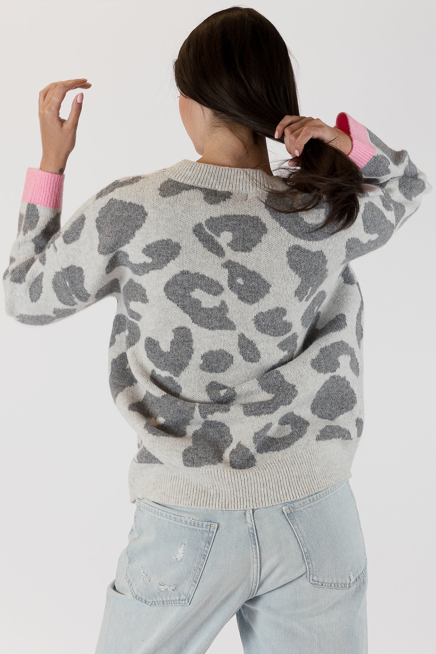 Hailey - Eco Leopard Sweater with Pink Cuff