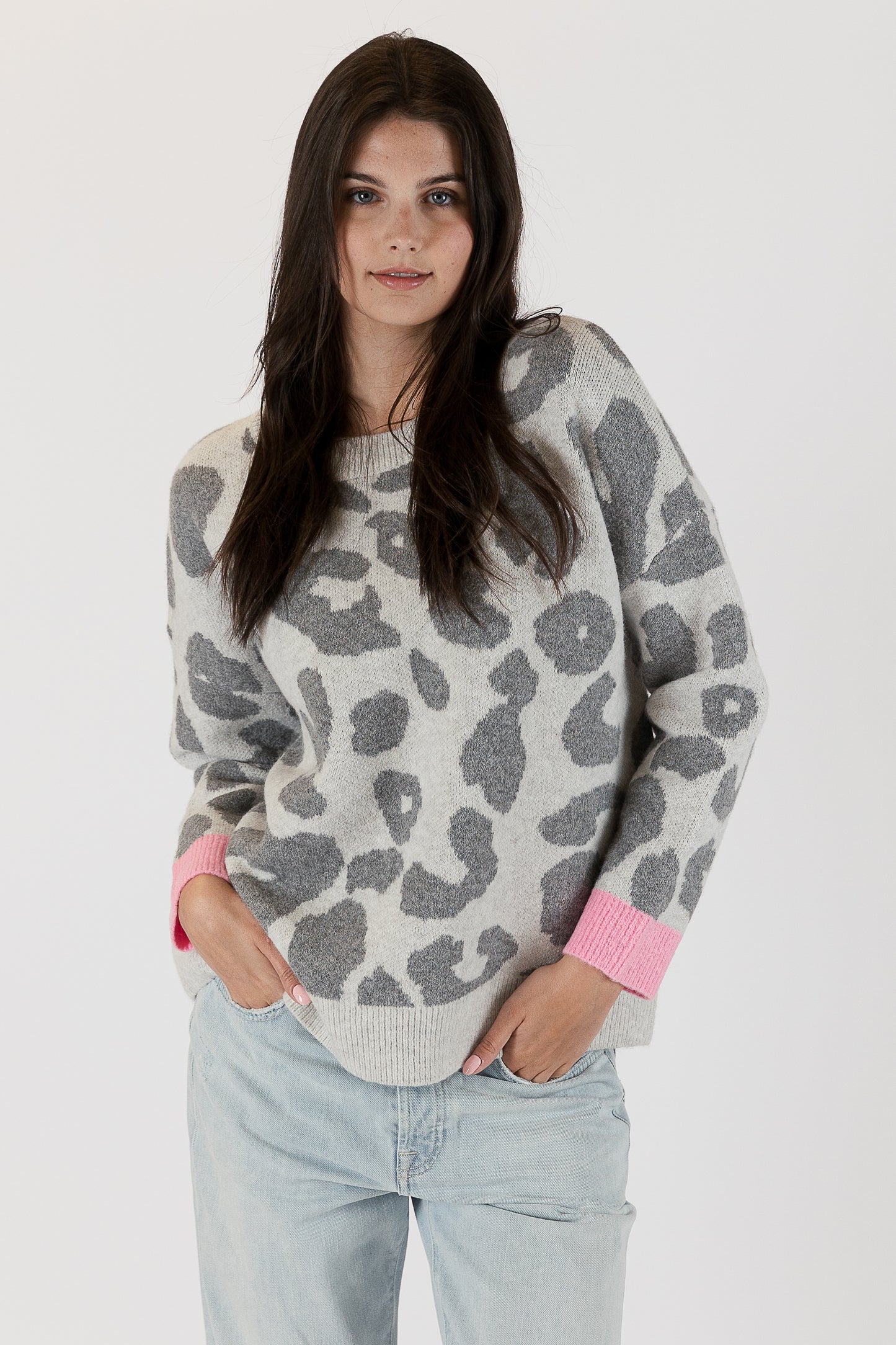 Hailey - Eco Leopard Sweater with Pink Cuff