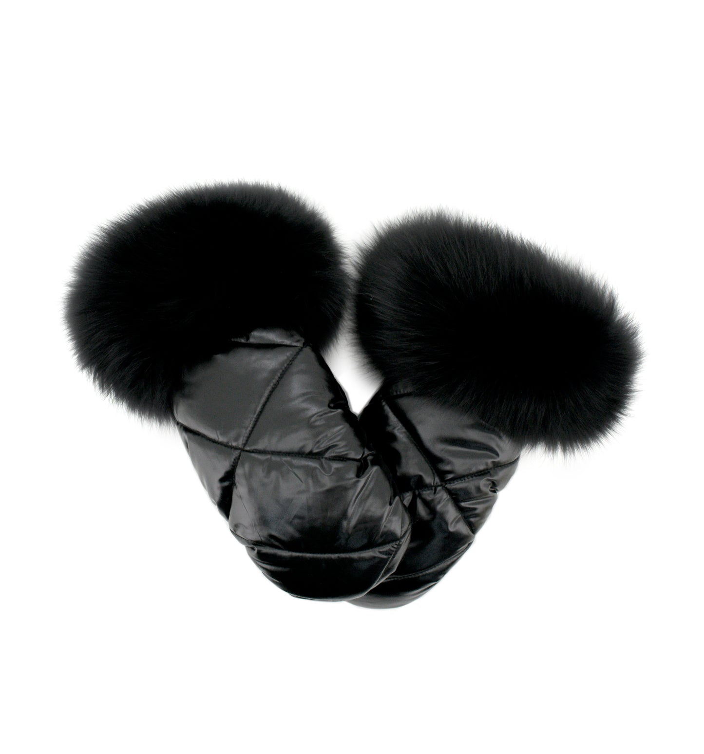 Nylon Mittens with Fox Trim - Black on Black