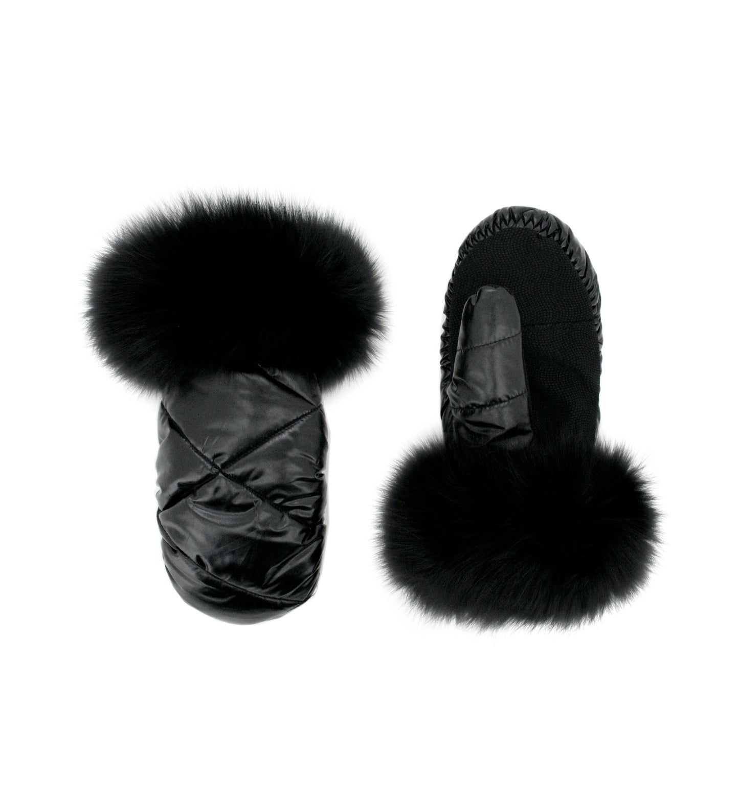 Nylon Mittens with Fox Trim - Black on Black