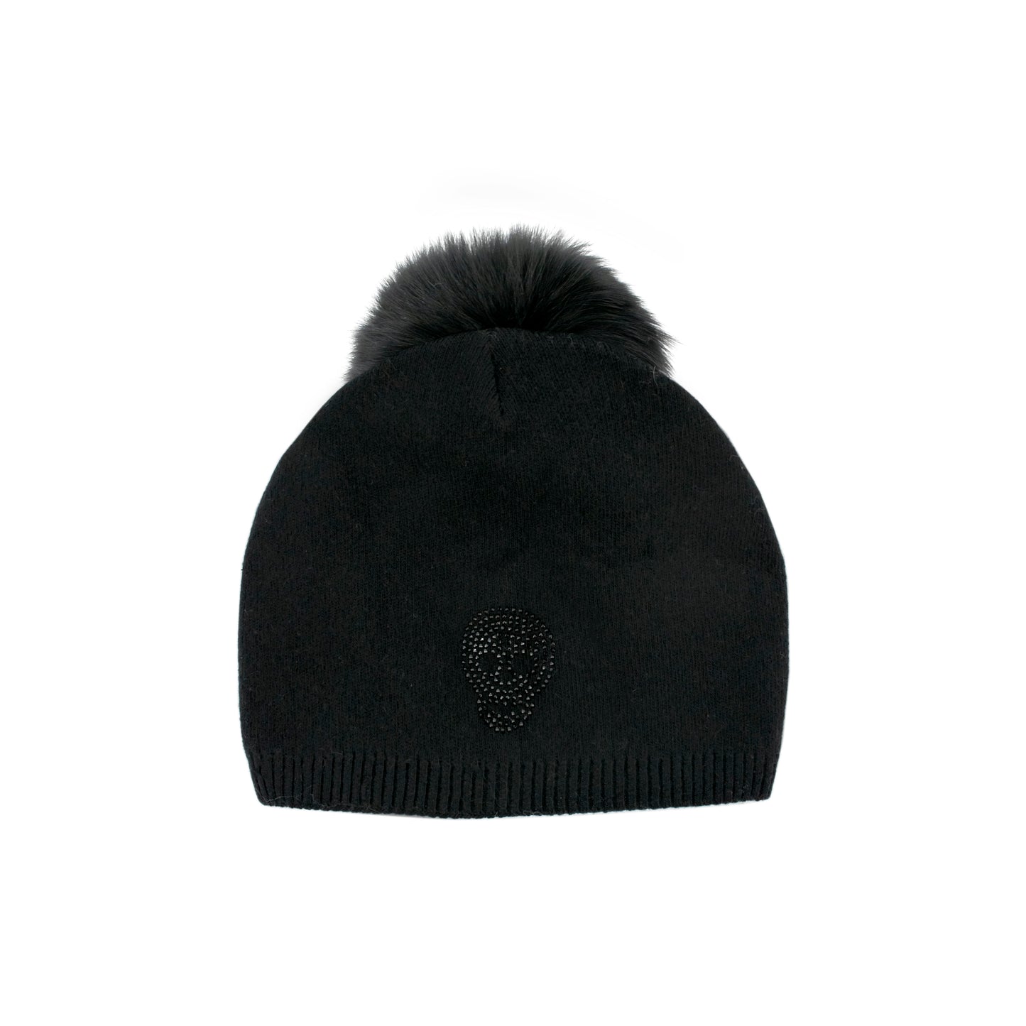 Skull Knitted Hat with Fox Pom - Black