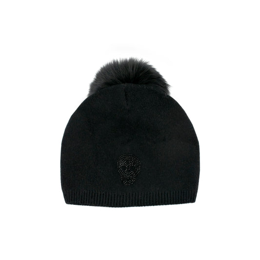 Skull Knitted Hat with Fox Pom - Black