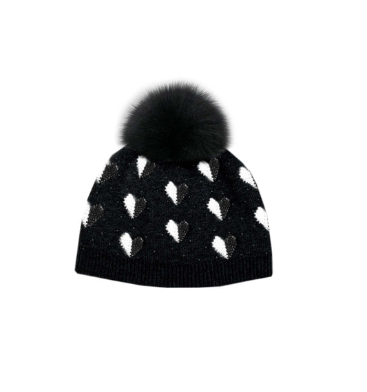 Two Tone Hearts Hat with Crystals and Fox Pom - Black